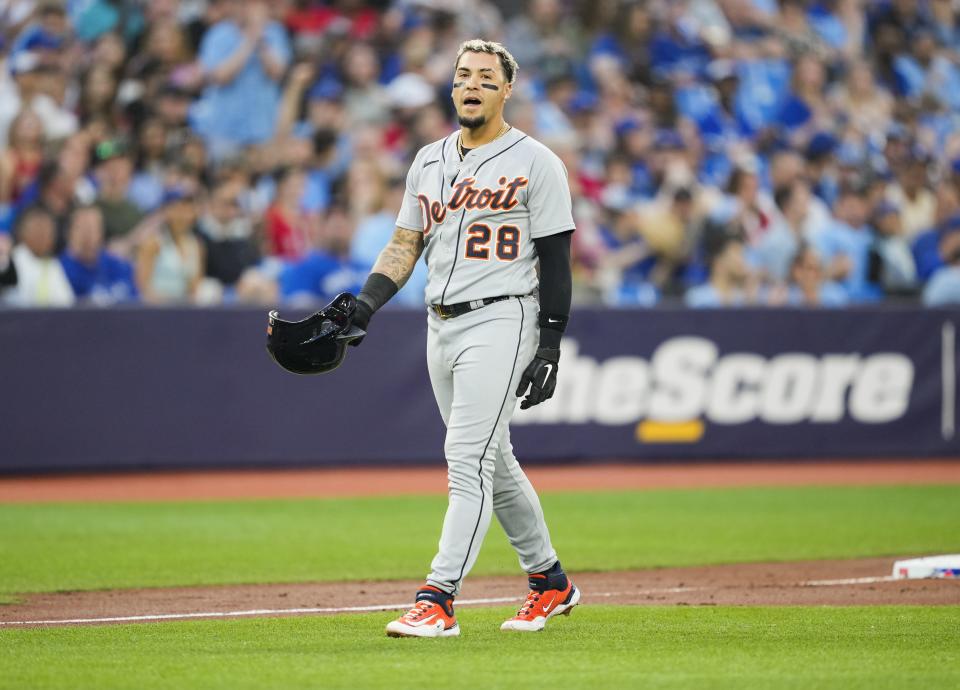 Tigers shortstop Javier Baez reacts to getting called out on a double play after forgetting to tag up against the Blue Jays in the second inning on Thursday, April 13, 2023, in Toronto.