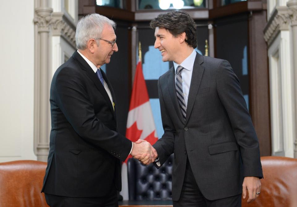 Prime Minister Justin Trudeau meets with Premier of New Brunswick Blaine Higgs on Parliament Hill in Ottawa on Monday, Dec. 16, 2019. 