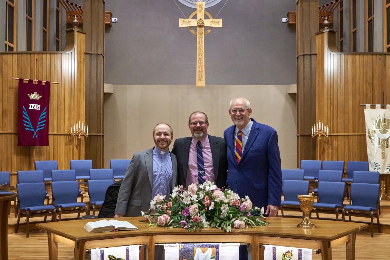The Revs. Mike Wallace, Ben George and David de Vries in the sanctuary at Christ Presbyterian Church in Canton. de Vries will retire this month, to be succeeded by Wallace and George, as co-pastors.
(Credit: Photo courtesy of Dr. Sarah Pozderac-Chenevey.)