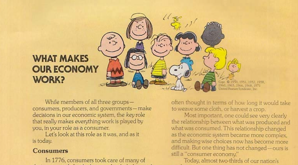 Part of a page from the 1970s booklet that used Charles Schultz’s ‘Peanuts’ comic strips to explain the benefits of America’s economic system. <a href="https://www.amazon.com/American-Economic-System-Charles-Schulz/dp/B077NRNH28" rel="nofollow noopener" target="_blank" data-ylk="slk:Amazon;elm:context_link;itc:0;sec:content-canvas" class="link ">Amazon</a>