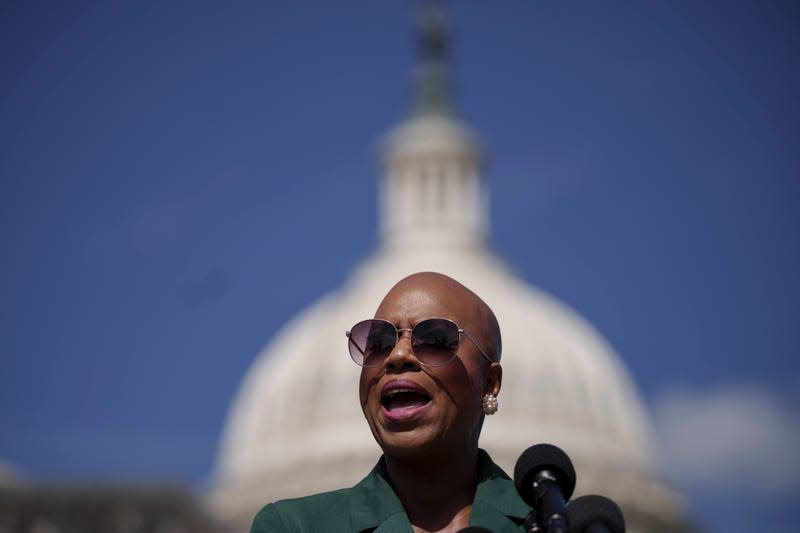 WASHINGTON, DC - SEPTEMBER 29: Rep. Ayanna Pressley (D-MA) speaks during a news conference to discuss student debt cancellation on Capitol Hill September 29, 2022 in Washington, DC. Lawmakers called for swift and equitable implementation of U.S. President Joe Biden’s student debt relief plan. 