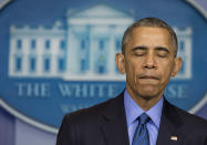 <p>President Barack Obama speaks about the shooting deaths of nine people at a historic black church in Charleston, South Carolina, from the Brady Press Briefing Room of the White House in Washington, DC, June 18, 2015. (Saul Loeb/AFP/Getty Images) </p>