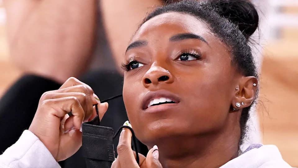 Simone Biles is pictured here at the Tokyo Olympic Games. 