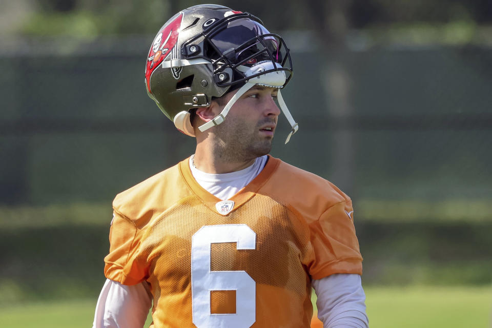 Tampa Bay Buccaneers quarterback Baker Mayfield walks between drills during NFL football practice Tuesday, June 13, 2023, in Tampa, Fla. (AP Photo/Mike Carlson)