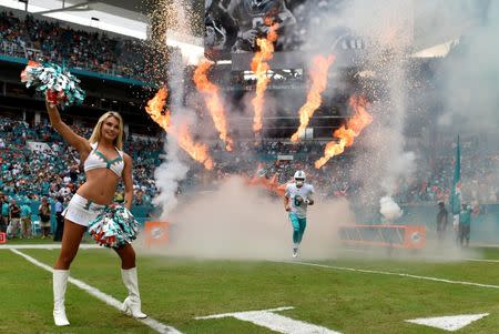 Oct 22, 2017; Miami Gardens, FL, USA; Miami Dolphins quarterback Jay Cutler (6) runs onto the field during player introductions prior to the game against the New York Jets at Hard Rock Stadium. Mandatory Credit: Steve Mitchell-USA TODAY Sports