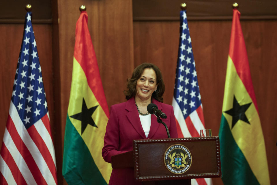 U.S. Vice President Kamala Harris addresses a news conference following her meetings with Ghana President Nana Akufo-Addo in Accra, Ghana, Monday March 27, 2023. Harris is on a seven-day African visit that will also take her to Tanzania and Zambia. (AP Photo/Misper Apawu)