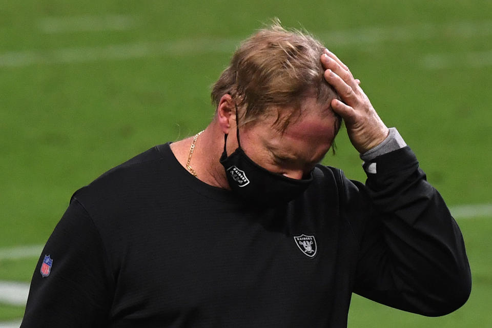 LAS VEGAS, NEVADA - OCTOBER 04:  Head coach Jon Gruden of the Las Vegas Raiders walks off the field after the team's 30-23 loss to the Buffalo Bills during the NFL game at Allegiant Stadium on October 4, 2020 in Las Vegas, Nevada.   (Photo by Ethan Miller/Getty Images)