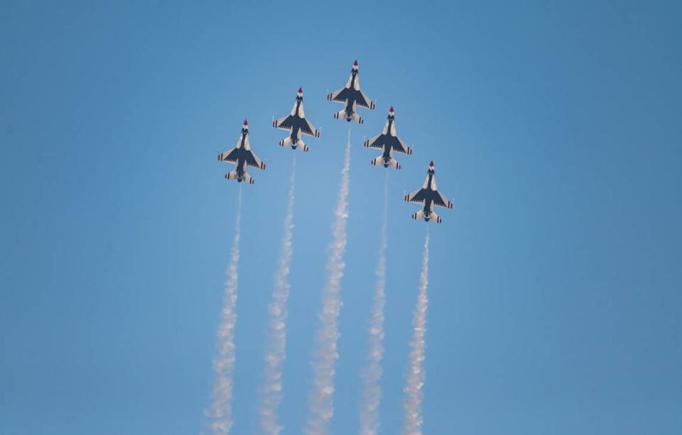 The U.S. Air Force Air Demonstration Squadron “Thunderbirds” perform at the California Capital Airshow on Friday, Sept. 24, 2021, at Mather Airport in Sacramento.