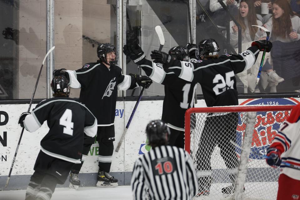 Matt O'Hagan opens his arms and waits for his Rogers/Middletown/Tiverton teammates to arrive after scoring a game-tying power play goal against Portsmouth in the Division II championship game won by the Hurricanes on Saturday at Providence College.