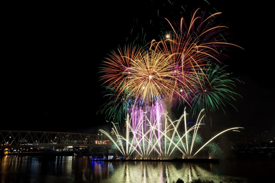 A view from Newport on the Levee in Kentucky as fireworks light up the Ohio River during the WEBN and Western & Southern Fireworks at Riverfest in 2022.