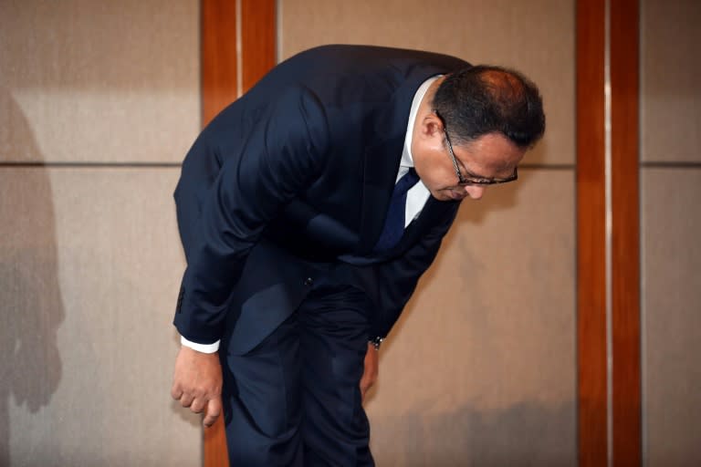 Atar Safdar, the head of Oxy Reckitt Benckiser Korea, bows during a press conference in Seoul on May 2, 2016