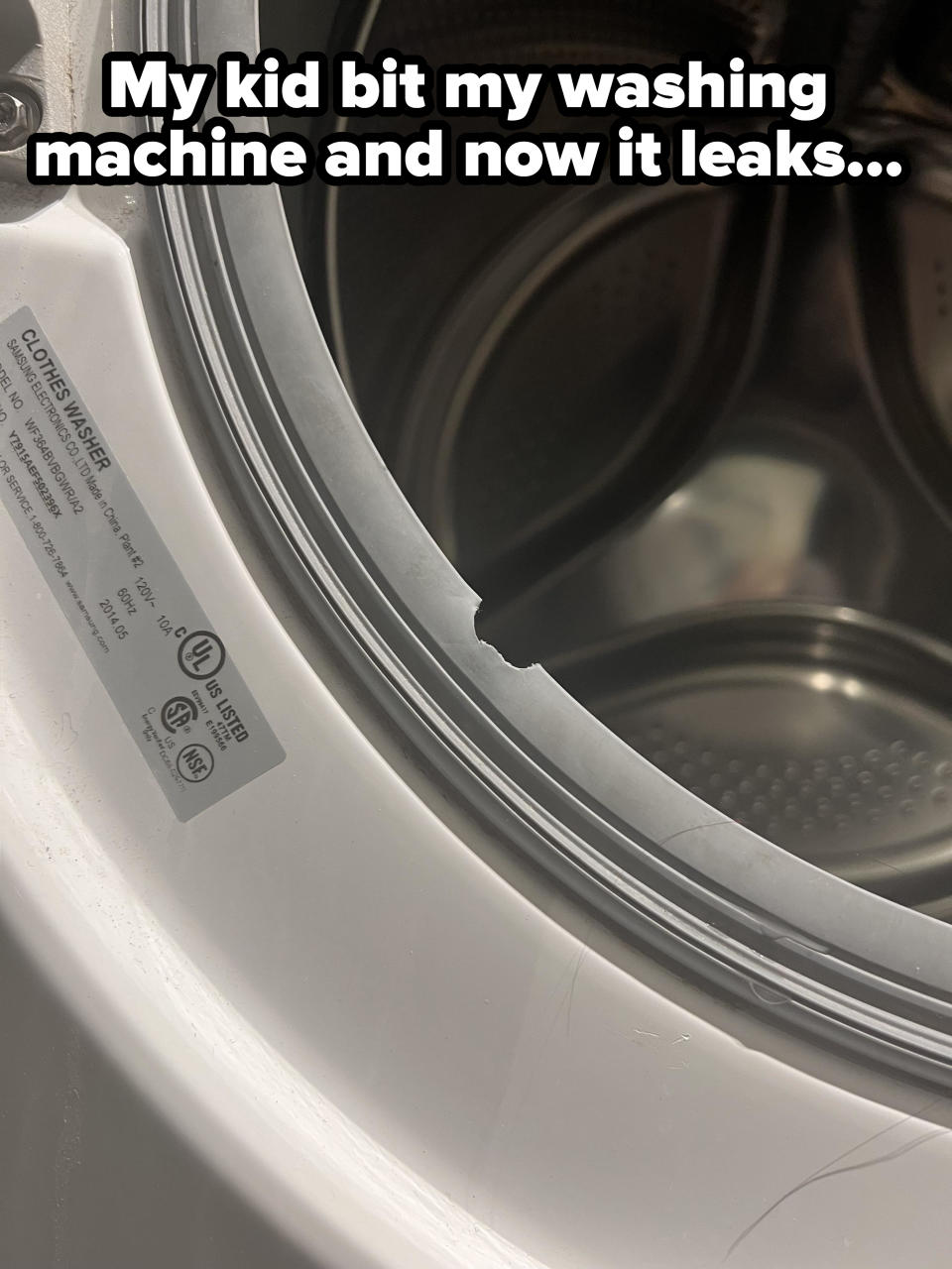 Close-up view of a washing machine's open door, focusing on the rubber seal with a piece torn/bitten out of it, with caption, "My kid bit my washing machine, and now it leaks"