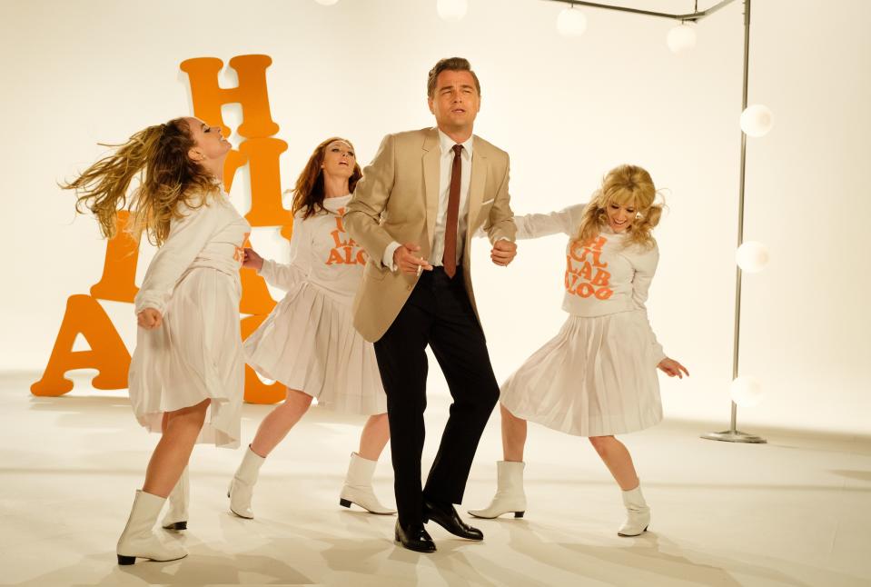 The teen pop ’60s television show known as Hullabaloo gets a faithful recreation with colorful prop sets and go-go dancers. Shown here is Leonardo DiCaprio’s Rick Dalton character as guest host.