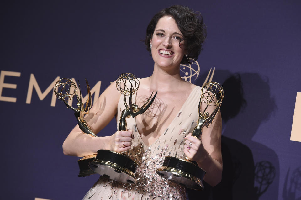 Phoebe Waller-Bridge, winner of the awards for outstanding lead actress in a comedy series, outstanding comedy series, and outstanding writing for a comedy series for "Fleabag," poses in the press room at the 71st Primetime Emmy Awards on Sunday, Sept. 22, 2019, at the Microsoft Theater in Los Angeles. (Photo by Jordan Strauss/Invision/AP)