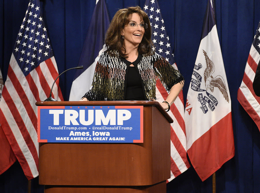 Tina Fey portraying Sarah Palin on SNL in January 2016. 