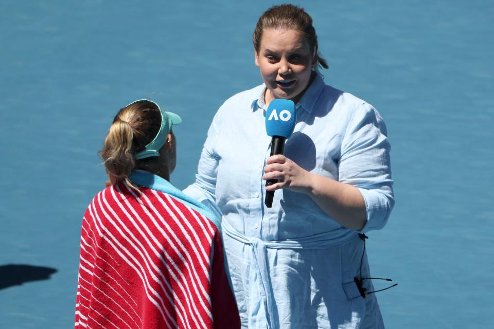 On the right, Former tennis star-turned commentator Jelena Dokic talks to Poland's Magda Linette at the 2023 Australian Open. 