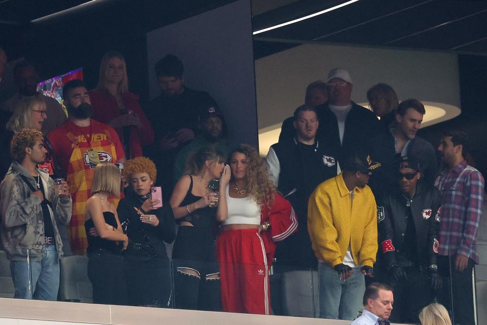 Recording artist Taylor Swift with actress Blake Lively (right) and rapper Ice Spice (left) before the start of Super Bowl LVIII between Kansas City Chiefs and San Francisco 49ers at Allegiant Stadium in Las Vegas on Feb. 11, 2024.