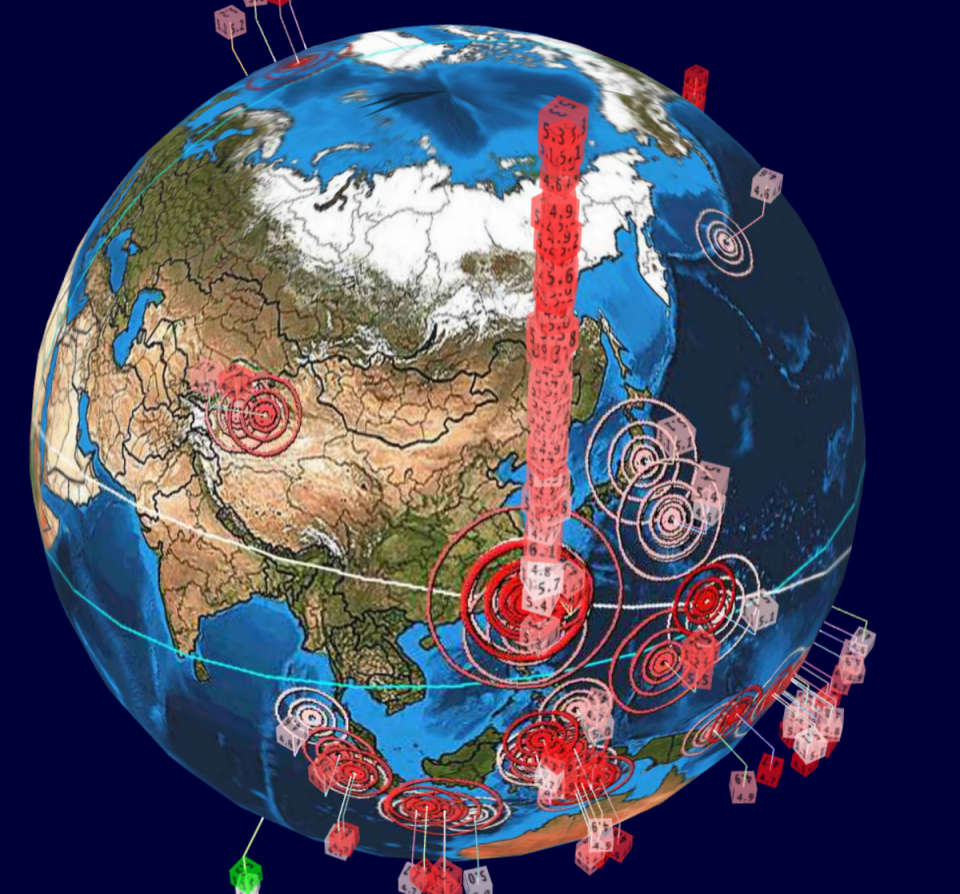 自403強震後，大小餘震不斷，從全球地震3D即時直播圖「Earthquake 3D Live」顯示，台灣地震頻率遠遠超過地球的其他地方，宛如摩天大樓。   圖：翻攝自Earthquake 3D Live