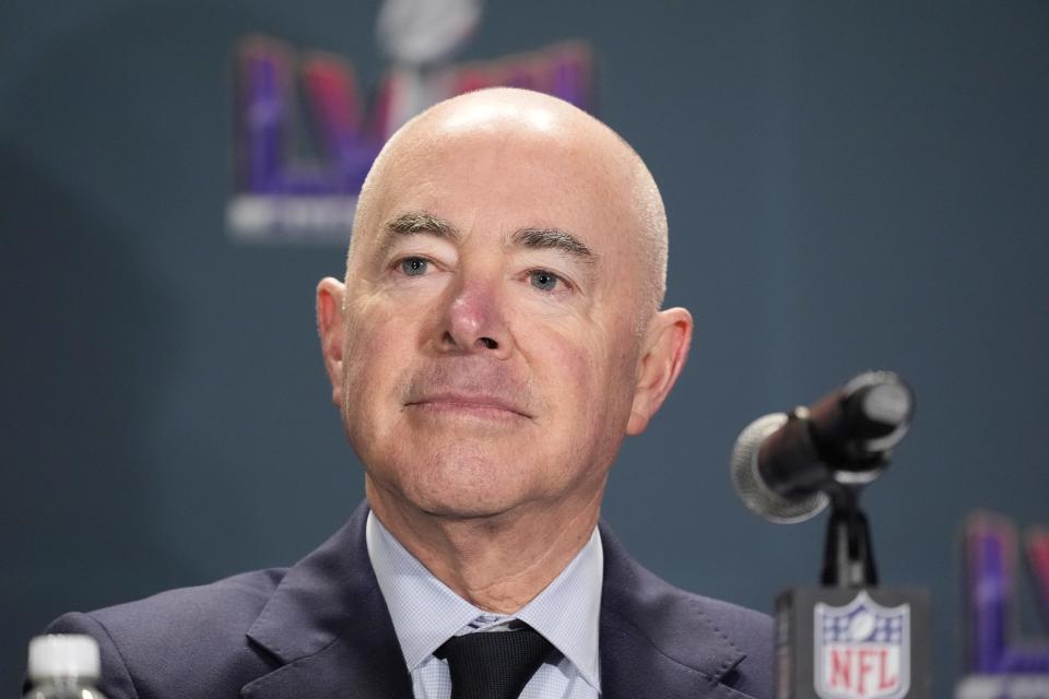Homeland Security Secretary Alejandro Mayorkas listens during a news conference about security for NFL's Super Bowl 58 football game Wednesday, Feb. 7, 2024, in Las Vegas.