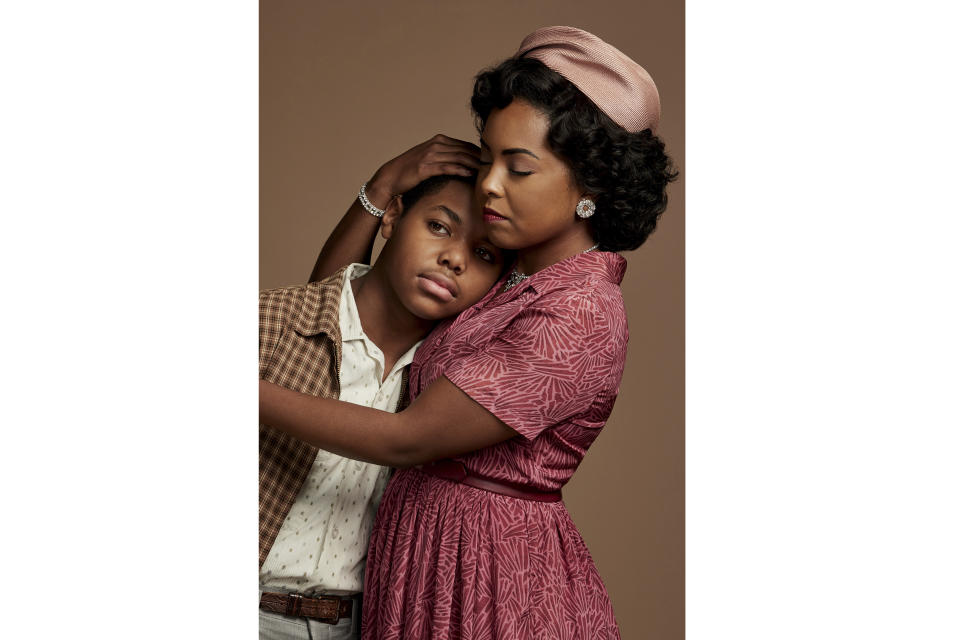 This image released by ABC shows Cedric Joe as Emmett Till, left, and Adrienne Warren as Mamie Till-Mobley in "Women of the Movement." (Matt Sayles. ABC via AP)