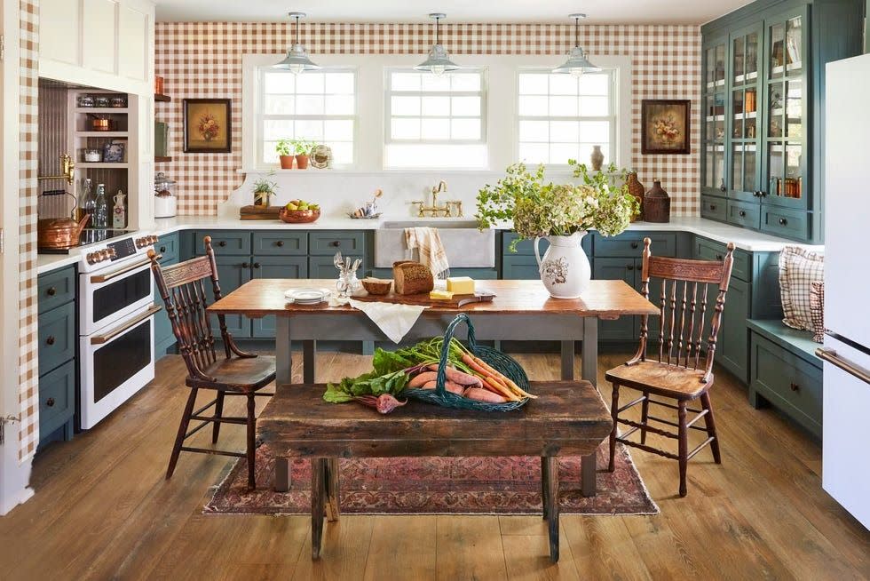 tan and white gingham kitchen with green cabinetry