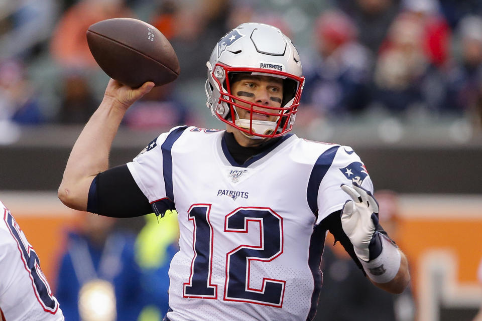 New England Patriots quarterback Tom Brady passes in the second half of an NFL football game against the Cincinnati Bengals, Sunday, Dec. 15, 2019, in Cincinnati. (AP Photo/Gary Landers)