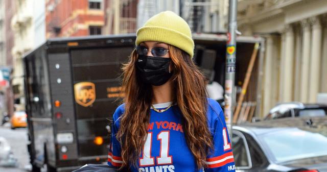 Bella Hadid Goes Retro With NY Giants Jersey, Nascar Jacket