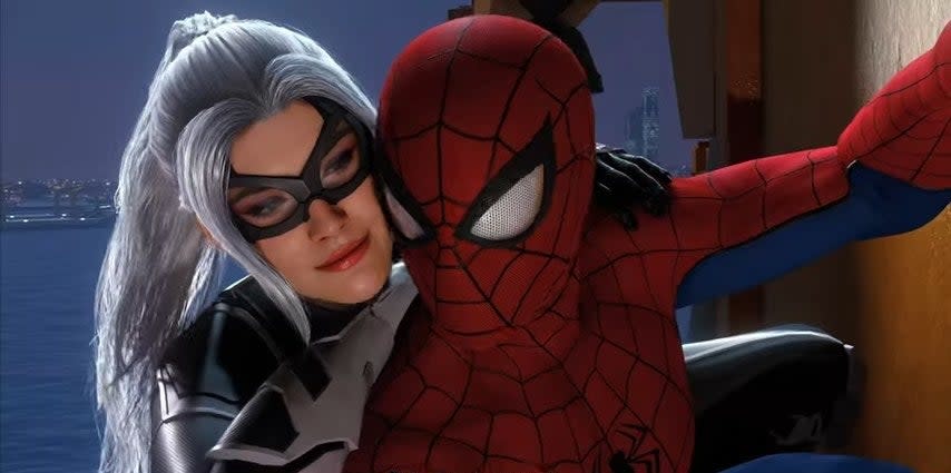 Black Cat hanging on Spider-Man's back in "Marvel's Spider-Man"