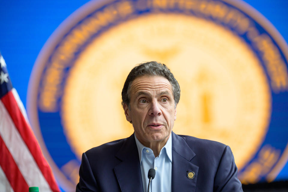 Gov. Andrew Cuomo is seen during a press conference at the field hospital site at the Javits Center on March 30 in New York City. (Photo: Pacific Press via Getty Images)