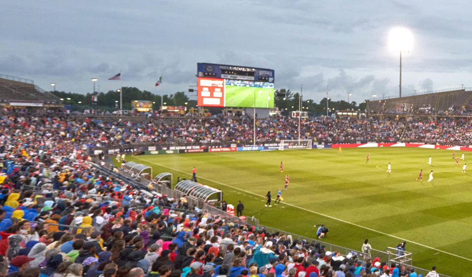 The United States flags by the scoreboard at Rentschler Field. (Photo by Robin Alam/Icon Sportswire)