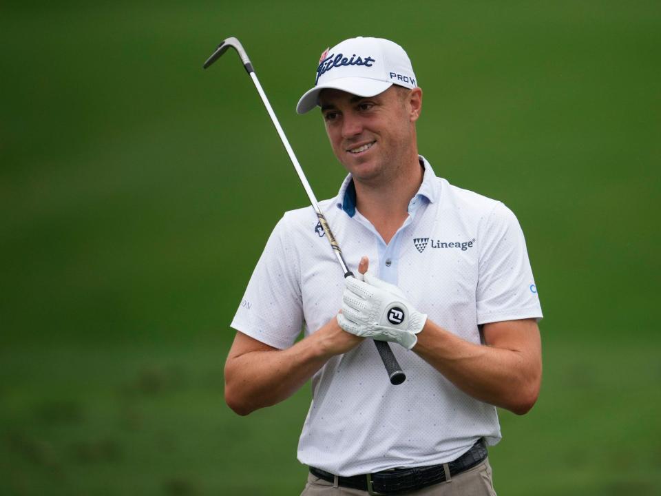 Justin Thomas works on the range during ahead of the Masters.