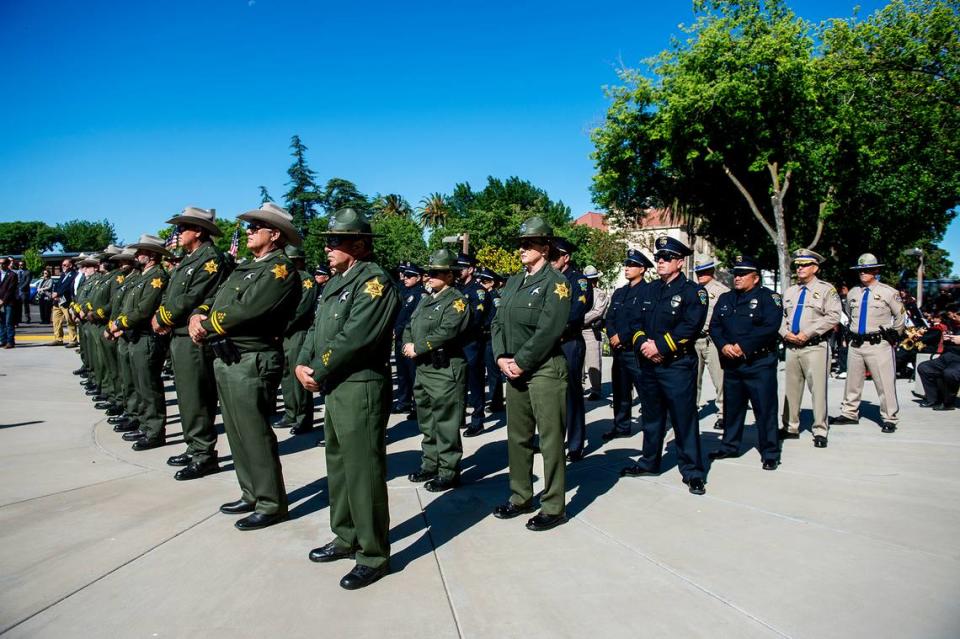 Law enforcement officers from agencies throughout Merced County during the annual Merced County Peace Officers Memorial Ceremony in Merced, Calif., on Wednesday, May 29, 2024. The ceremony honors law enforcement officers who died in the line of duty.