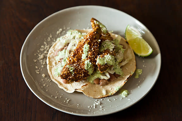 <strong>Get the recipe for <a href="http://food52.com/recipes/17974-fried-avocado-tacos-with-sesame-and-lime" target="_blank" rel="noopener noreferrer">fried avocado tacos with sesame and lime</a> by Arielle Clementine via Food52.</strong>