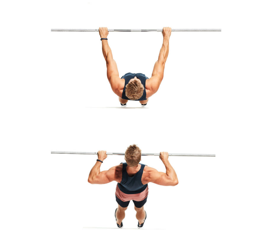 How to do it:<ol><li>Set a barbell in a power rack (or use a Smith machine) at about hip height. </li><li>Lie underneath it and grab it with hands about shoulder-width apart with the bottom of your heels on floor. </li><li>Hang from the bar so your body forms a straight line. </li><li>Squeeze your shoulder blades together and pull yourself up until your back is fully contracted.</li></ol>Pro tip: <p>Place the barbell at about four rungs up on a standard machine.</p>Variation:<p>This move works similarly to the push-up, so you can try those first, if you have any shoulder issues.</p>