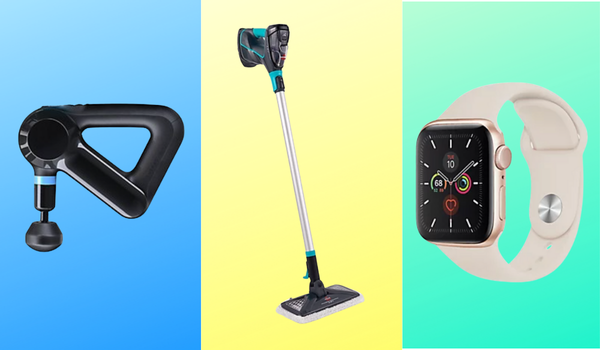 Theragun, Bissell steam cleaner, and Apple Watch on colored background.