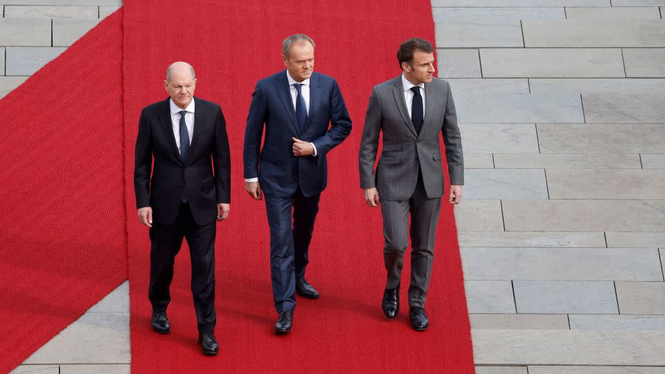 German Chancellor Olaf Scholz, Polish Prime Minister Donald Tusk and French President Emmanuel Macron in Berlin, Germany, March 15, 2024. - Odd Andersen/AFP/Getty Images