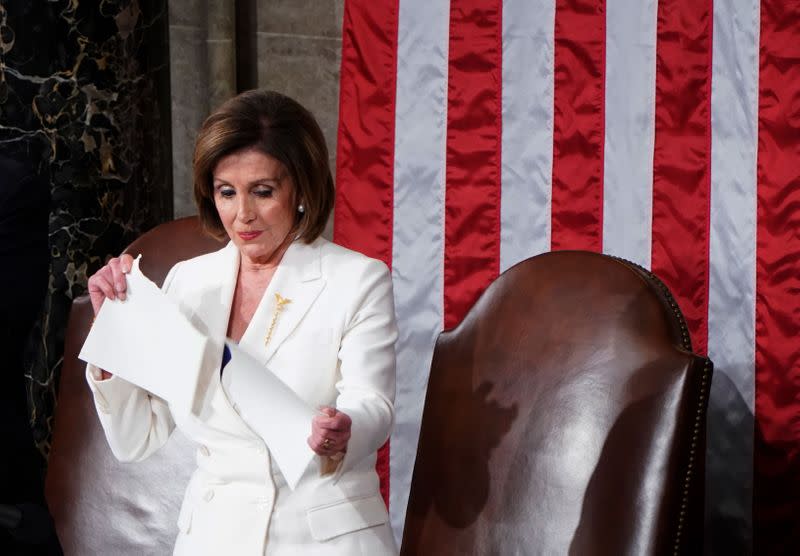 Speaker of the House Pelosi (D-CA) rips up U.S. President Trump's speech following his State of the Union address at the U.S. Capitol in Washington