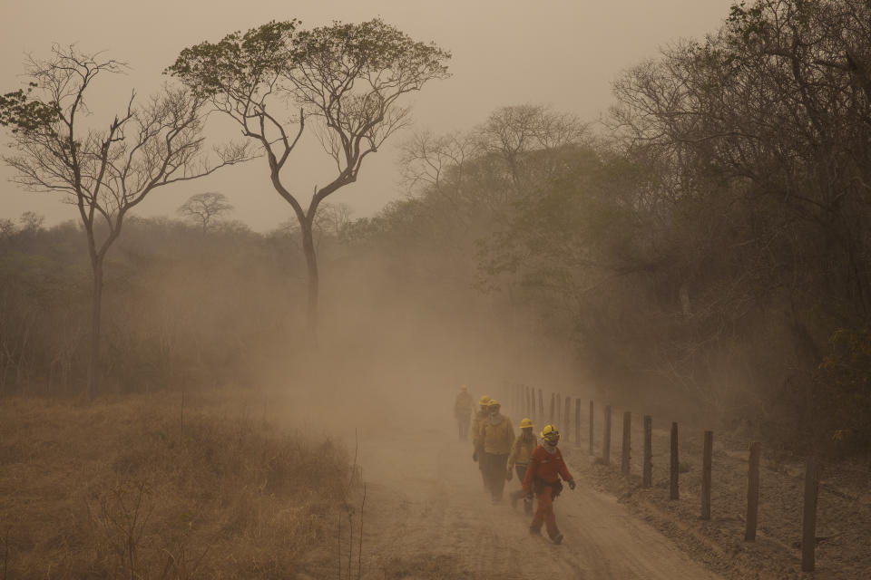 *Arquivo* Corumbá, MS, 04.10.2020 - Brigadistas do Piauí’, do Prevfogo do Ibama, caminham em meio a poeira na fazenda Santa Tereza, na região da Serra do Amolar, no Pantanal do Mato Grosso do Sul. (Foto: Lalo de Almeida/Folhapress)