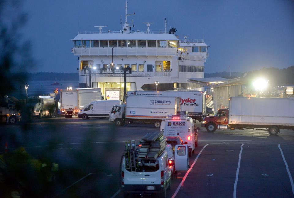 Truck drivers start to load onto the Woods Hole, Martha's Vineyard and Nantucket Steamship Authority vessel M/V Island Home ahead of its 6 a.m. departure on Sept. 6 from Woods Hole.