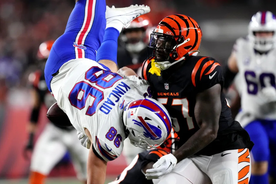 CINCINNATI, OHIO - NOVEMBER 05:  Dalton Kincaid #86 of the Buffalo Bills looses a fumble to Germaine Pratt #57 of the Cincinnati Bengals during the third quarter at Paycor Stadium on November 05, 2023 in Cincinnati, Ohio. (Photo by Dylan Buell/Getty Images)