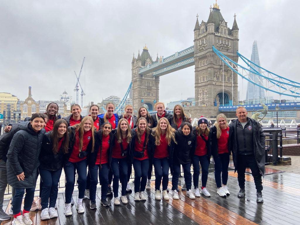 Shelby Vaughn (front row, first from the left) and her 05 USYS ODP National Team posing by Tower Bridge in London, England.