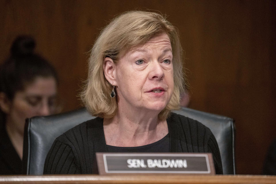 FILE - Sen. Tammy Baldwin, D-Wis., speaks during a Senate Health, Education, Labor and Pensions confirmation hearing for Julie Su to be the Labor Secretary, on Capitol Hill, Thursday, April 20, 2023, in Washington. Republican U.S. Rep. Mike Gallagher announced Friday, June 9, 2023, that he won't run for U.S. Senate in 2024 against Baldwin, leaving an open GOP field with no declared candidates in the battleground state.(AP Photo/Alex Brandon, File)