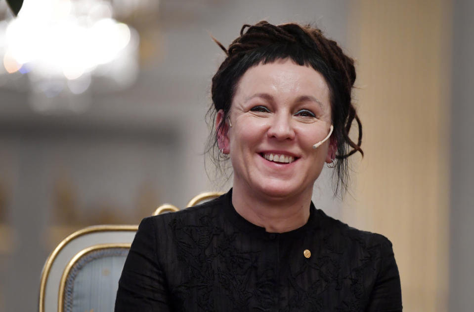 2019 Nobel Prize laureate in literature Olga Tokarczuk speaks at a press conference at the Swedish Academy in Stockholm, Sweden, Monday Dec. 6, 2019. (Anders Wiklund/TT via AP)