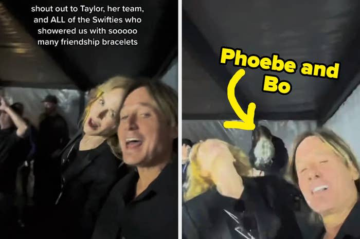 Phoebe and Bo are seen laughing and having a good time with others in the background. Text: "shout out to Taylor, her team, and ALL of the Swifties who showered us with sooo many friendship bracelets."