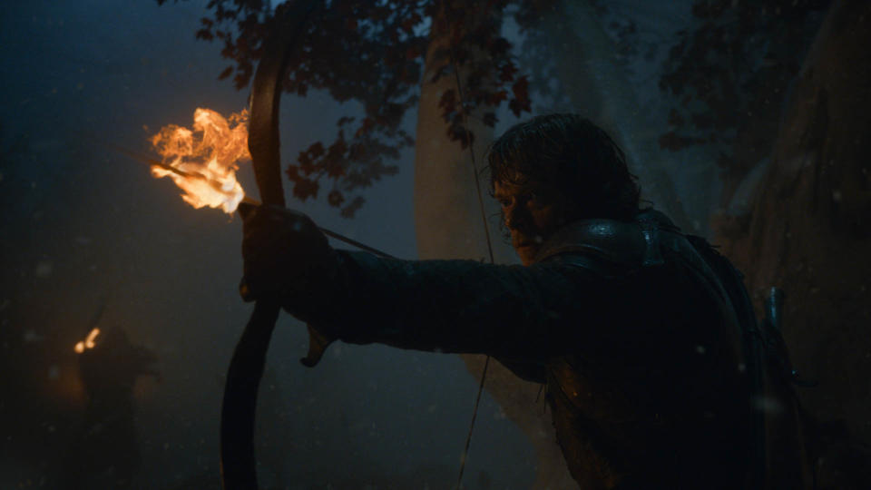 Theon attempts to hold the Night King off from the godswood, where Bran is waiting. | Helen Sloan/HBO