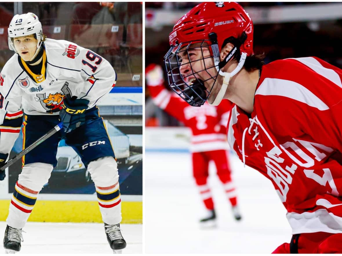 Zach Dean, left, and Ryan Greene have a shot at representing Canada this Christmas at the World Junior Hockey Championship, played in Halifax and Moncton. (Gatineau Olympiques, Boston University - image credit)