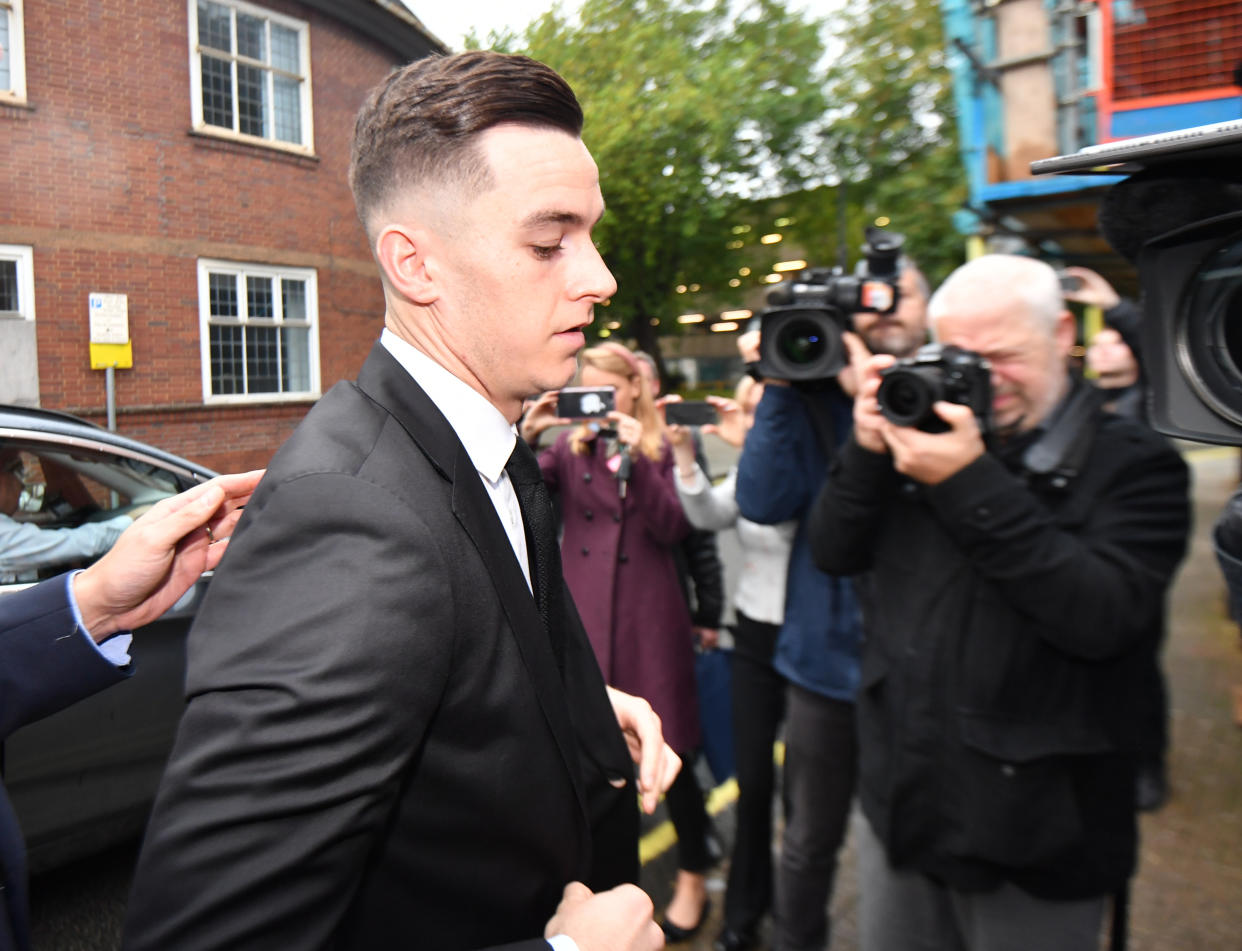Derby County footballer Tom Lawrence arrives at Derby Magistrates' Court where he is appearing on charges of drink-driving alongside teammate Mason Bennett.