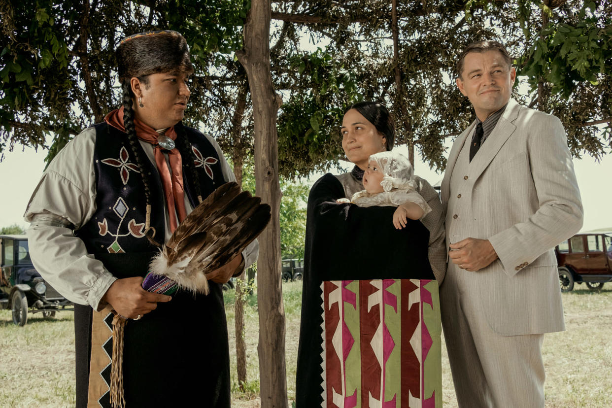 Christopher Cote, Lily Gladstone and Leonardo DiCaprio in “Killers of the Flower Moon.” (Melinda Sue Gordon / Apple TV+)