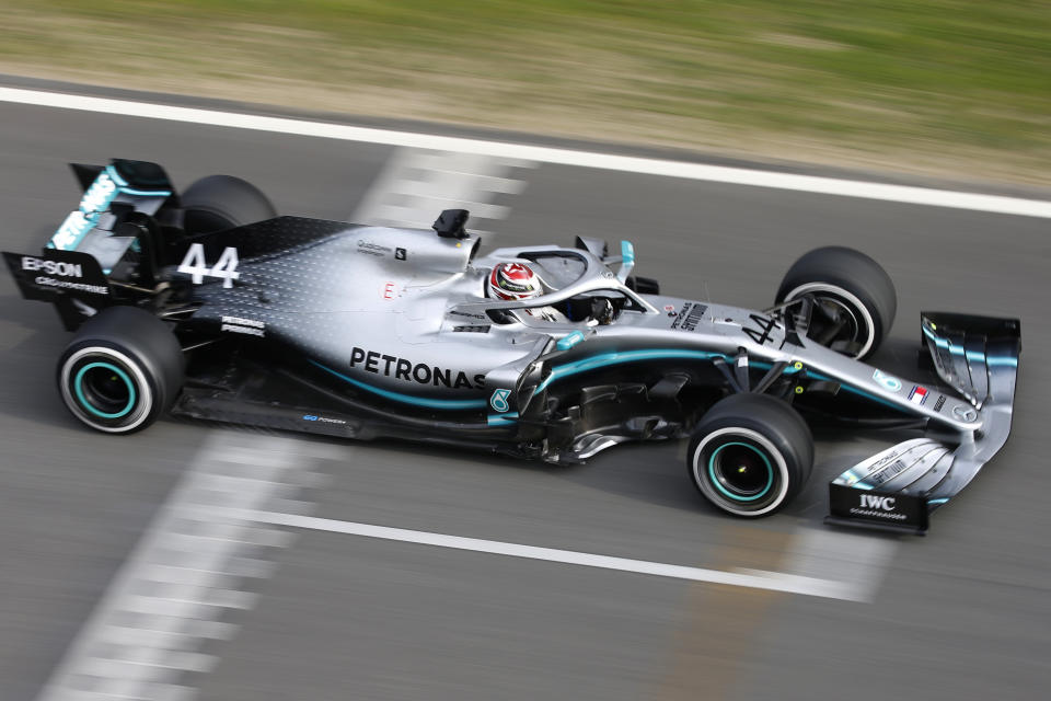 Mercedes driver Lewis Hamilton of Britain steers his car, during a Formula One pre-season testing session at the Barcelona Catalunya racetrack in Montmelo, outside Barcelona, Spain, Wednesday, Feb.20, 2019. (AP Photo/Joan Monfort)