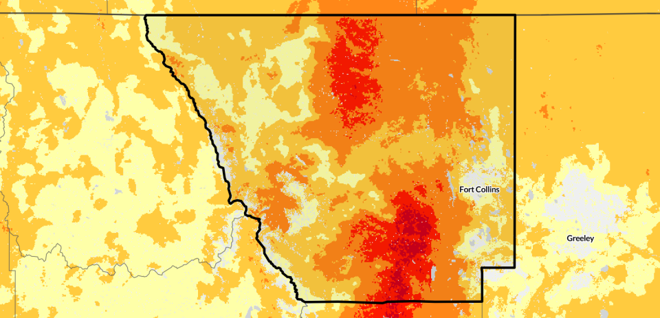 A look at wildfire risk in Larimer County in 2023. The darker shade of color the higher the risk.